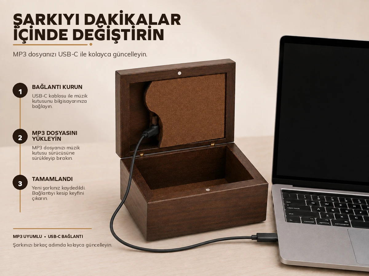 Ahşap müzikli kutuda şarkıyı USB-C ile MP3 yükleyerek değiştirme