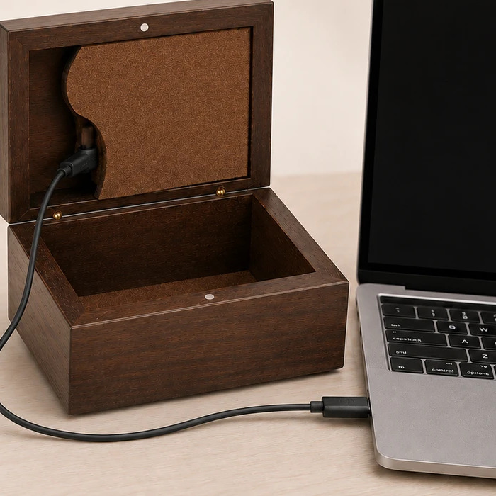 USB-C kablosuyla bilgisayara bağlanan ahşap müzikli kutu